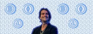 Adam Neumann entouré de logos de crytpomonnaies