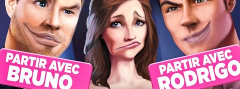 une affiche de jeu mobile avec une femme qui dois choisir entre deux hommes