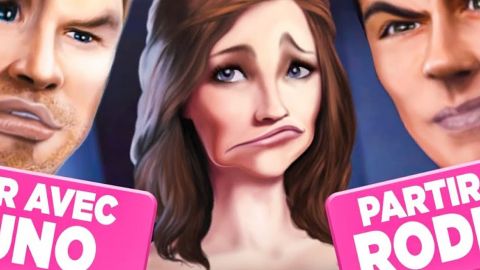 une affiche de jeu mobile avec une femme qui dois choisir entre deux hommes