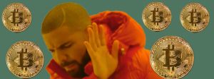 Le meme de Drake symbolisant le rejet et des pièces de Bitcoin