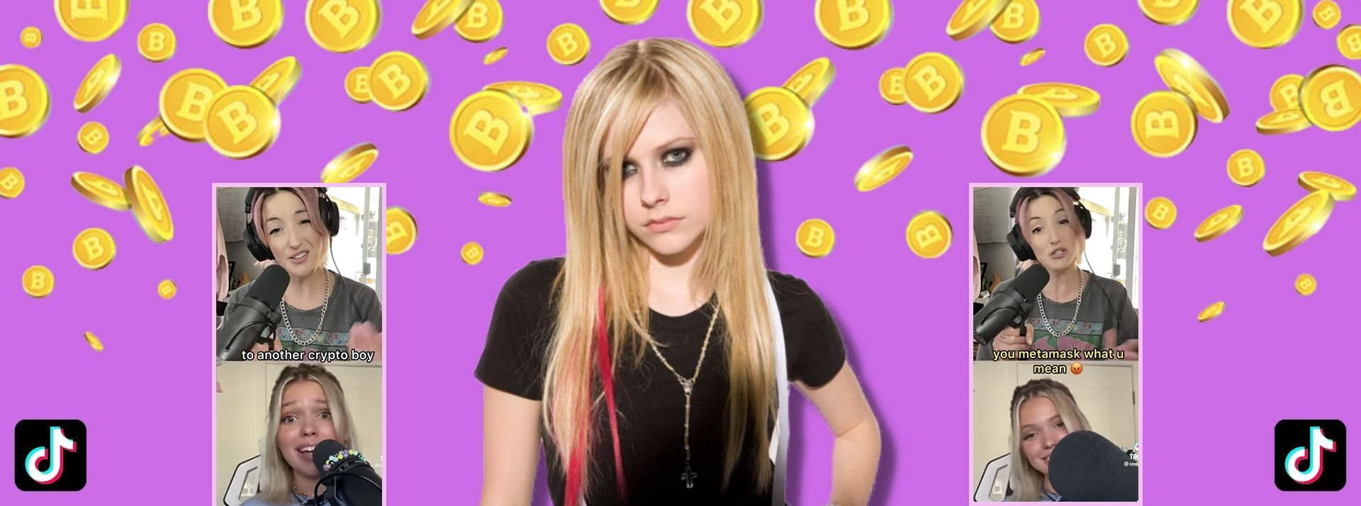 Avril Lavigne sur fond de bitcoins et captures écrans Tiktok