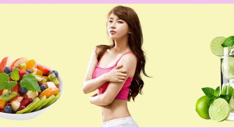 Sur fond jaune, une jeune fille brune avec un verre d'eau et une assiette de fruits