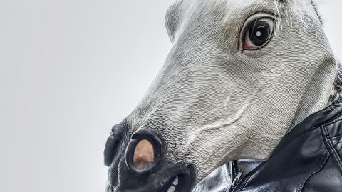 L'homme qui s'était fait voler son avatar Un homme en veste de cuir porte un masque cheval