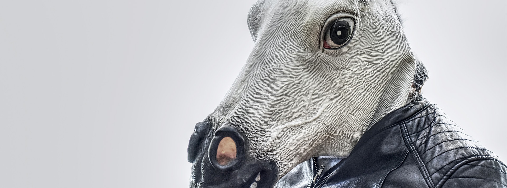 Un homme en veste de cuir porte un masque cheval