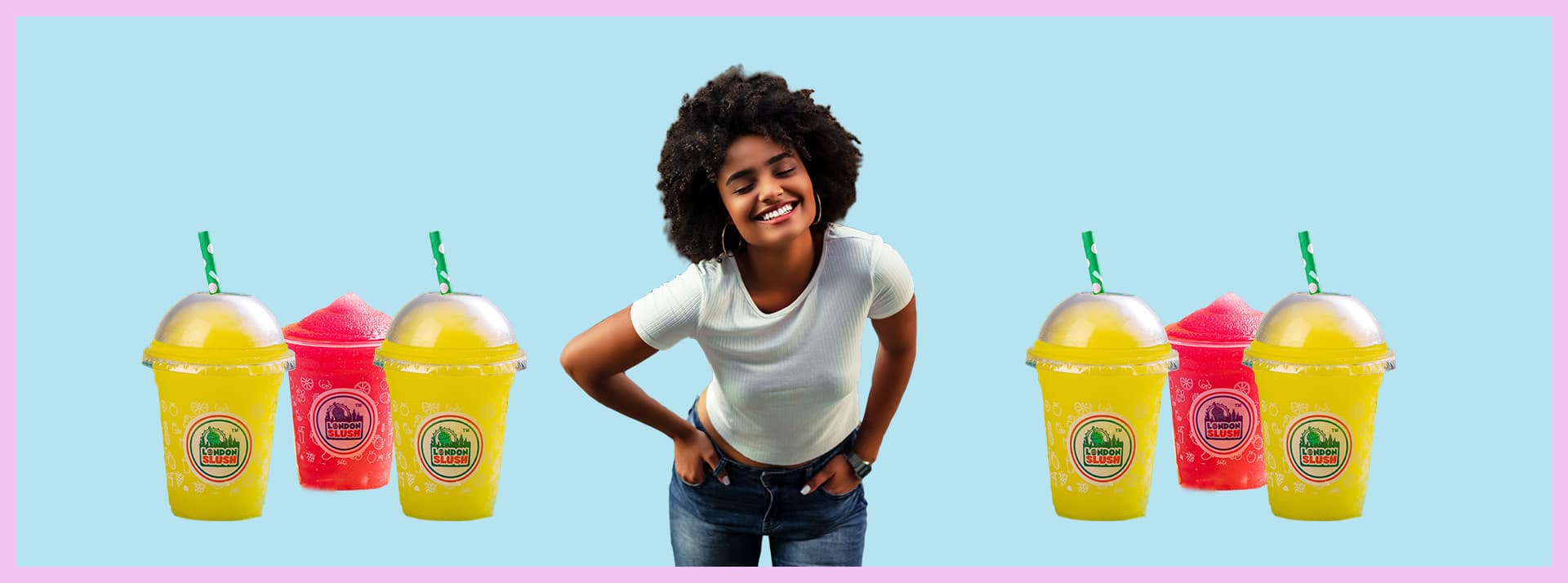 Sur fond bleu, des sodas rose et jaunes