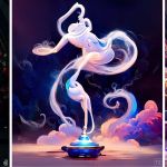 trois images montrant un génie sortant d'une lampe au milieu d'un musé.