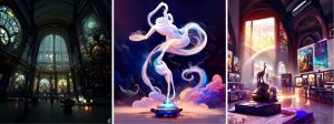 trois images montrant un génie sortant d'une lampe au milieu d'un musé.