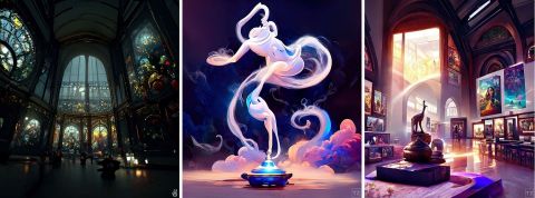 trois images montrant un génie sortant d'une lampe au milieu d'un musé.