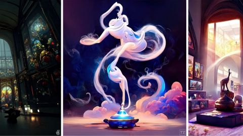 trois images montrant un génie sortant d'une lampe au milieu d'un musé.