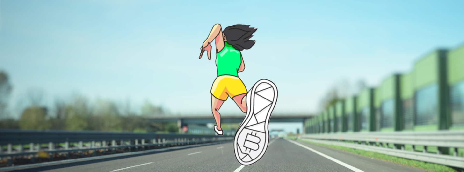 Bougez, gagnez de l'argent : le nouveau business à la mode de la cryptosphère - L'ADN Le personnage de l'application StepN en train de courir de dos sur une autoroute