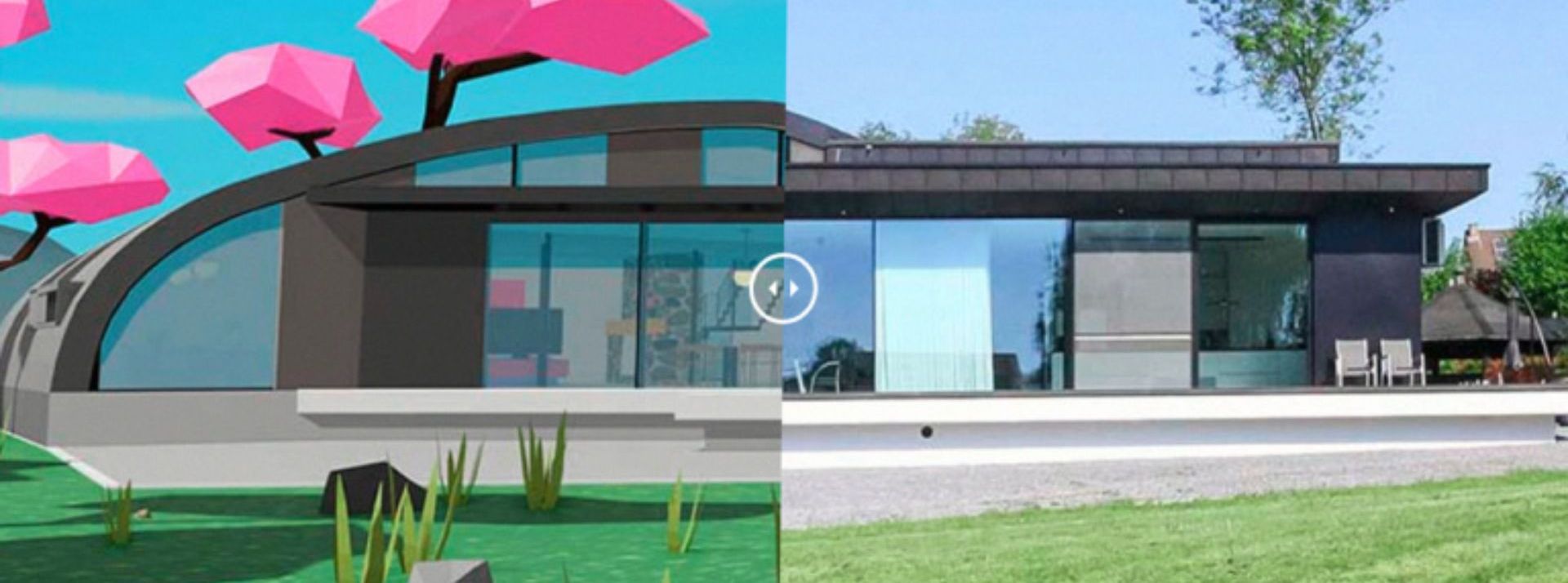 Pour une villa achetée, une replique NFT sur Décentraland offerte - L'ADN Illustration : à gauche une villa dans le métavers, à droite une villa réelle