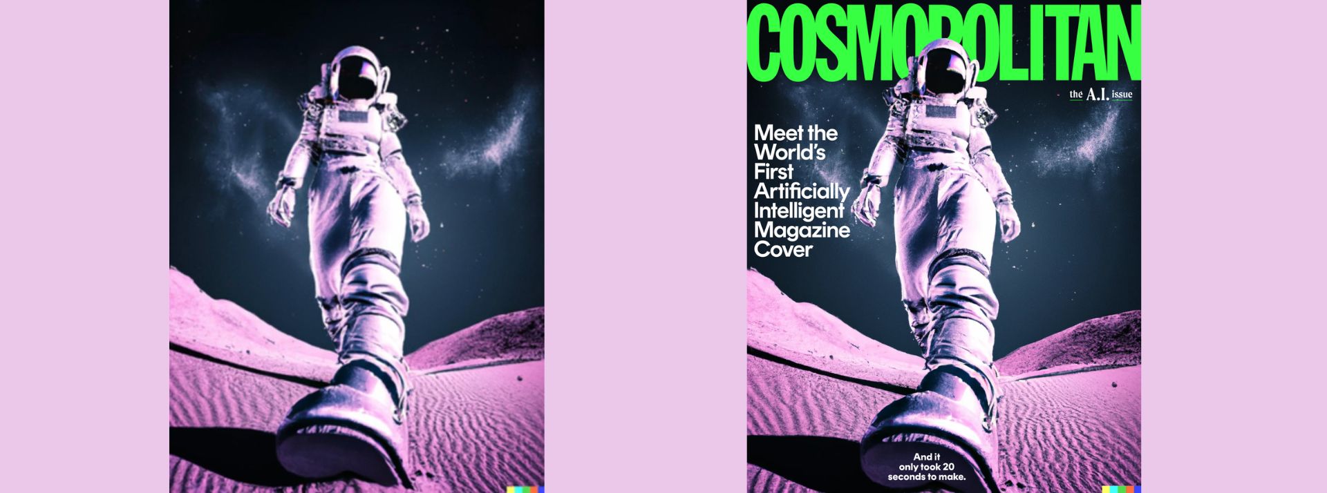 L’intelligence artificielle DALL-E2 crée la couverture du magazine de Cosmopolitan - L'ADN Couverture du magazine Cosmopolitan - Astronaute femme qui marche sur mars d'un pas déterminé