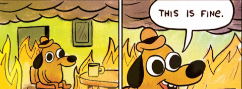 Perdus, ensemble Une chien souriant dans une maison en flamme