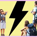 Sur fond jaune, une mère et ses deux enfants et un couple en sac à dos