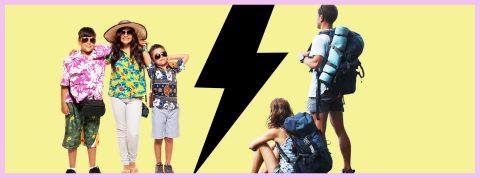 En finir avec le mythe de l'aventurier vs touristes Sur fond jaune, une mère et ses deux enfants et un couple en sac à dos