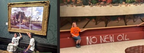 Les militant écologistes de Just Stop Oil enchaînent les opérations de sensibilisation pour alerter sur la crise climatique Militants Just For Oil à côté de tableau dans des musées