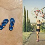 4 visuels : randonnées, plage, cyclisme et coucher de solei