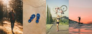 4 visuels : randonnées, plage, cyclisme et coucher de solei