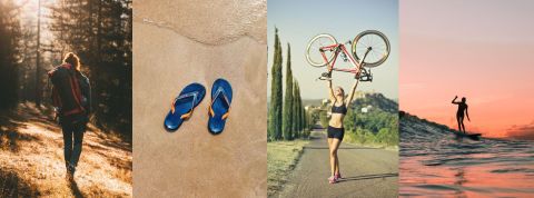 Ecotourisme : quelles sont les destinations préférées sur Instagram ? 4 visuels : randonnées, plage, cyclisme et coucher de solei