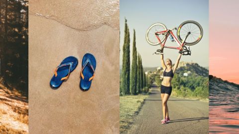 4 visuels : randonnées, plage, cyclisme et coucher de solei