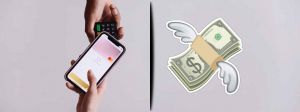 Termnal de paiement et CB vs emoji dollar qui vole