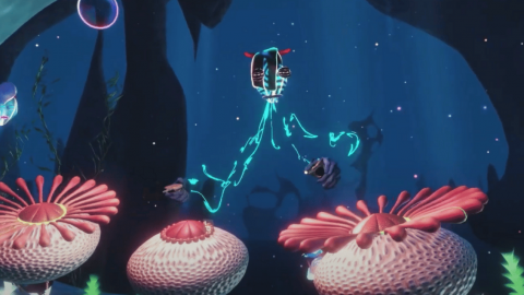 un personnage de jeu vidéo qui fait de la percution sur des éponges de mer