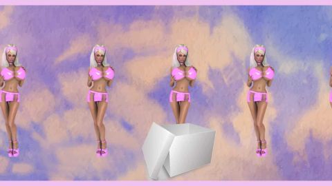 Sur fond rose et bleu, des femmes en maillot de bain rose