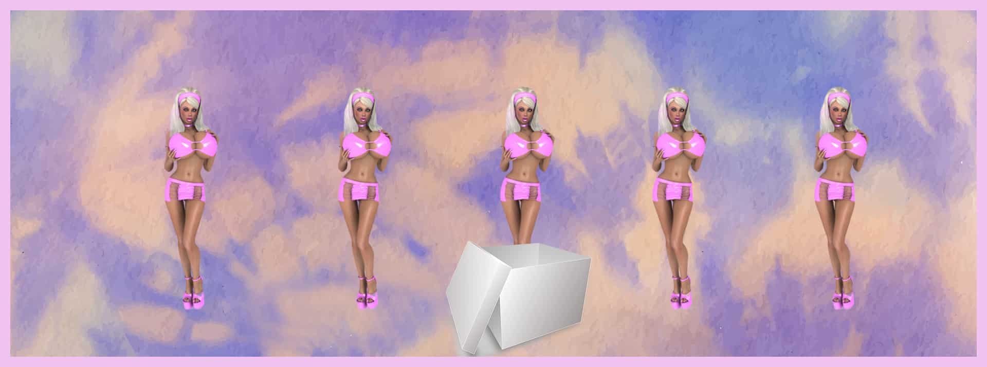 Sur fond rose et bleu, des femmes en maillot de bain rose