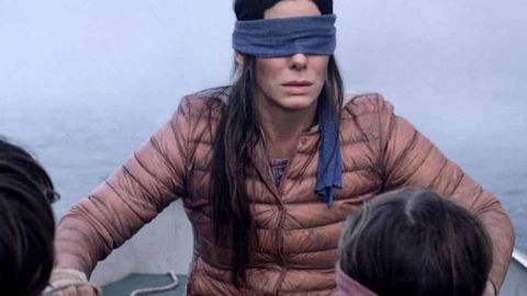 Capture écran de Bird Boc, Netflix avec Sandra Bullcok dans une barque, un bandeau sur les yeux