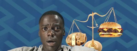 Flambée des prix alimentaires, une historie de spéculation Expression d'effroi de Daniel Kaluuya dans get out, et balance sur laquelle le burger côute plus que des lingots d'or