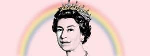 La Reine Elisabeth, avec un arc en ciel en fond