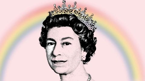 La Reine Elisabeth, avec un arc en ciel en fond