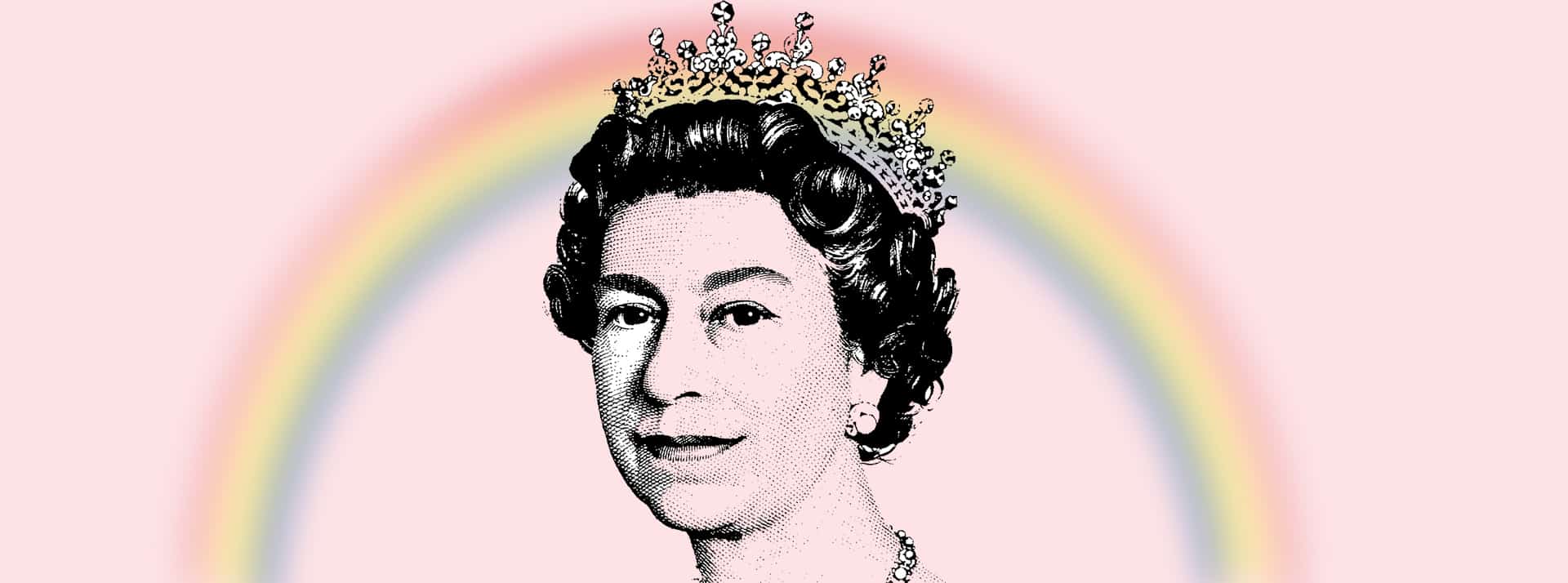 La Reine Elisabeth, avec un arc en ciel en fond