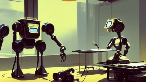 des robots travaillant comme concept artists