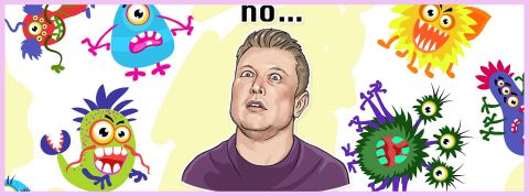 Du calme, Elon Musk. Un portrait dessiné de Elon Musk entouré de petits monstres colorés