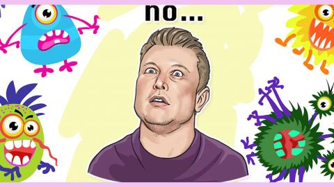 Un portrait dessiné de Elon Musk entouré de petits monstres colorés