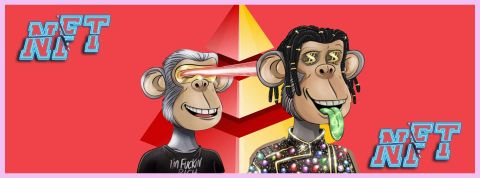 MLM, vente pyramidale et pyramide de Ponzi, NFT et crypto s'en mêlent Deux Bored Ape Yacht Club sur fond rouge