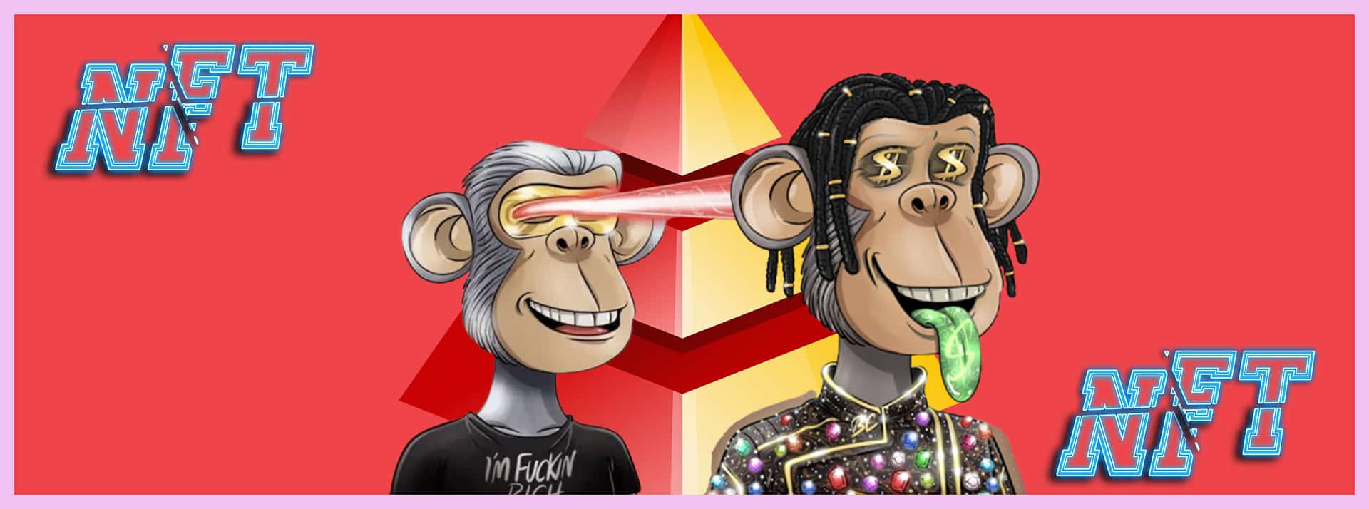 MLM, vente pyramidale et pyramide de Ponzi, NFT et crypto s'en mêlent - L'ADN Deux Bored Ape Yacht Club sur fond rouge