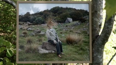 Cadre en pleine nature avec photo d'une mersonne visage caché par de la paille