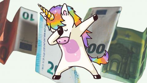 Une licorne qui dab et des billets de 10, 20, 100 euros en fond