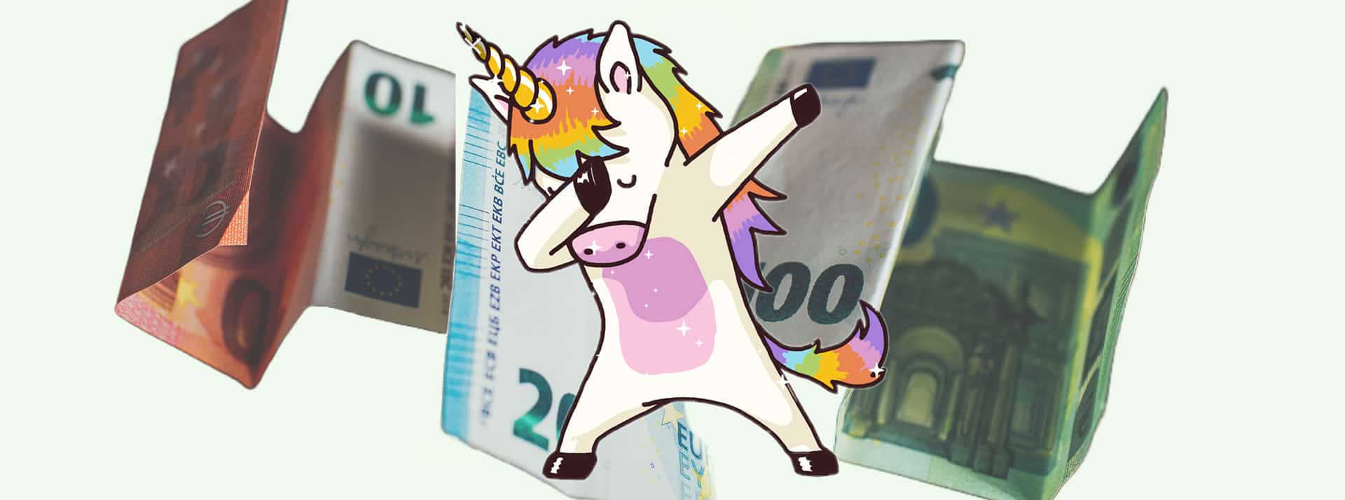 Oui, l'État aide financièrement les entreprises - L'ADN Une licorne qui dab et des billets de 10, 20, 100 euros en fond