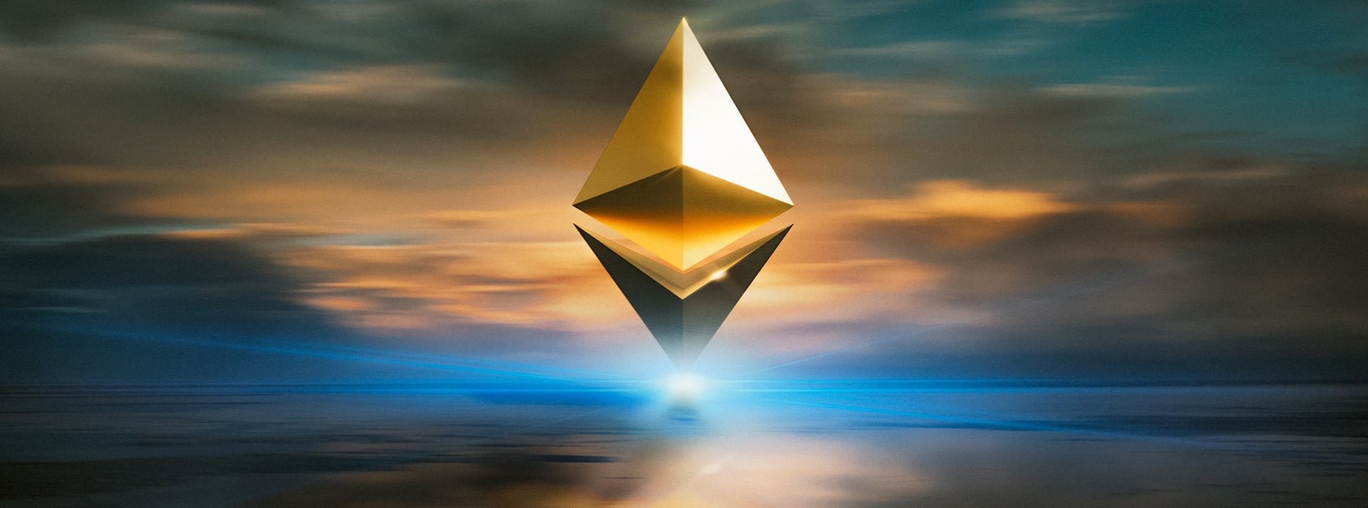 logo ethereum sortant puissamment de la mer, à la couchée du soleil