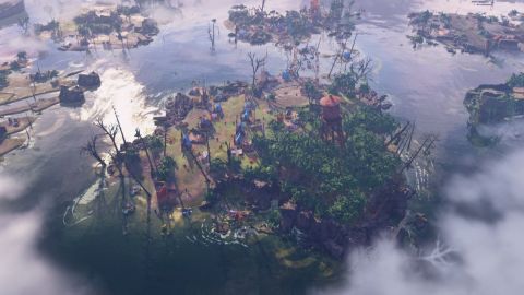 Ile entourée d'eau dans un paysage post-apocalyptique