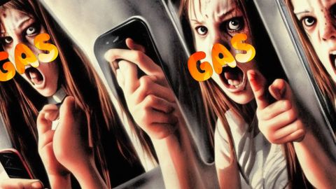 Gasapp : fausse rumeur de kidnapping d'enfants Création Dreamstudio avec adolescentes effrayées devant leurs smartphones