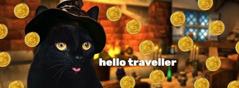 Hello-gold un chat noir dans une taverne offre des pièces d'or