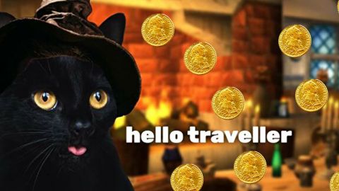 un chat noir dans une taverne offre des pièces d'or