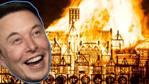 Elon Musk hilare devant palais en feu
