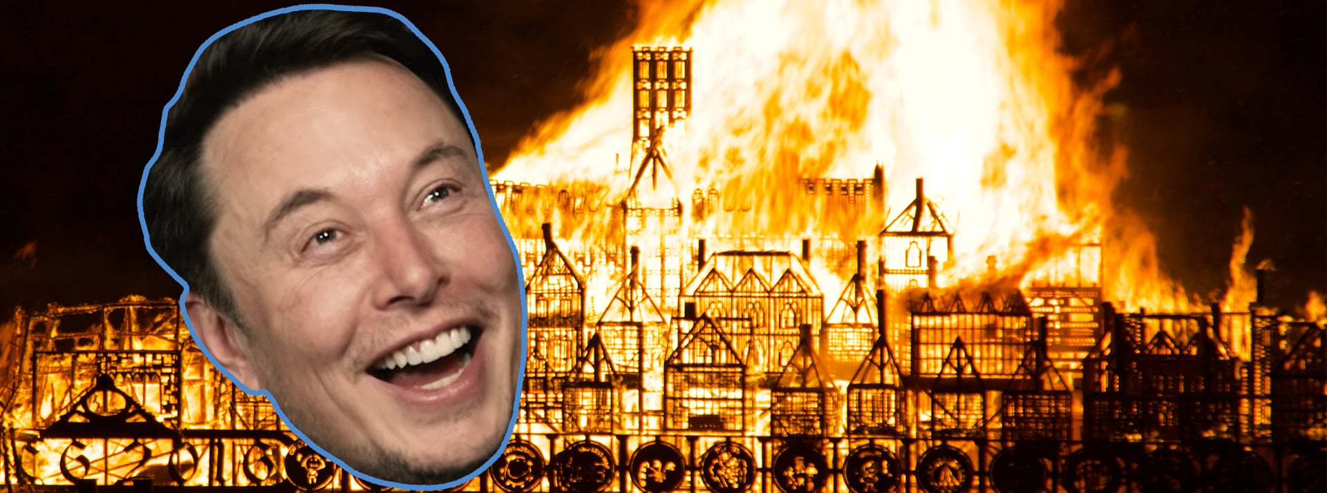 Démissions massives chez Twitter - L'ADN Elon Musk hilare devant palais en feu
