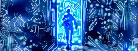 Digital : quand la téléportation devient (presque) possible Homme numérique tonique bleu de circuit marchant par la porte électronique