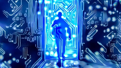 Homme numérique tonique bleu de circuit marchant par la porte électronique